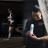 RÉVVI Ice Cold Gel sportvisual met links een hardloper in beweging en rechts een sporter die de Ice Cold Gel vasthoudt, met de teksten “Go all in.” en “Cool down directly."